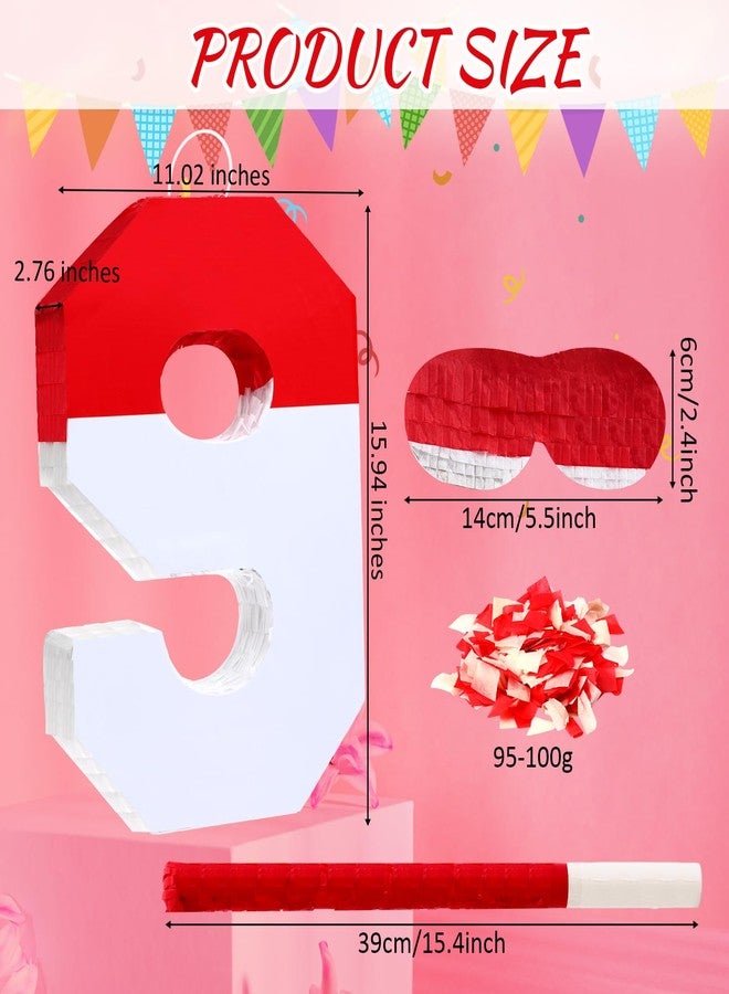 Poen بينياتا بوين رقم 9 مع عصا بيسبول وقناع للعين وورق ملون، بينياتا حمراء وبيضاء للأطفال، مناسبة لأعياد الميلاد والذكرى السنوية، مستلزمات الحفلات، 16 × 11 × 2.8 بوصة - Image 2